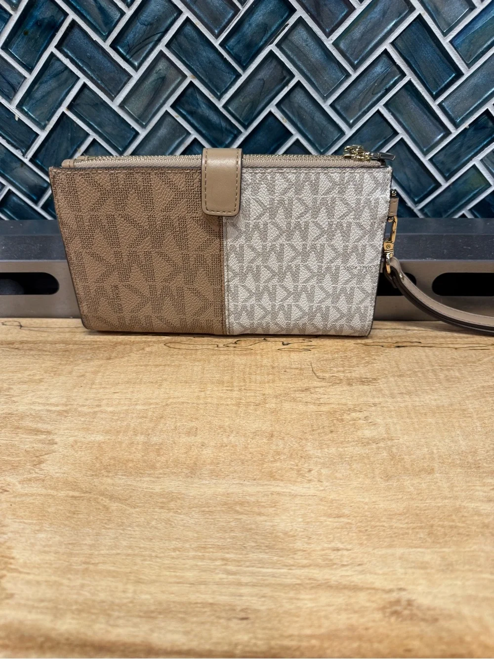 Michael Kors Two-Tone Beige and Tan Wristlet